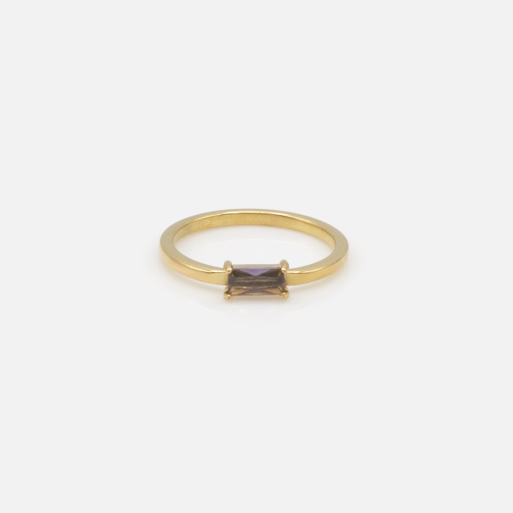 Gold ring with purple rectangular stone in stainless steel
