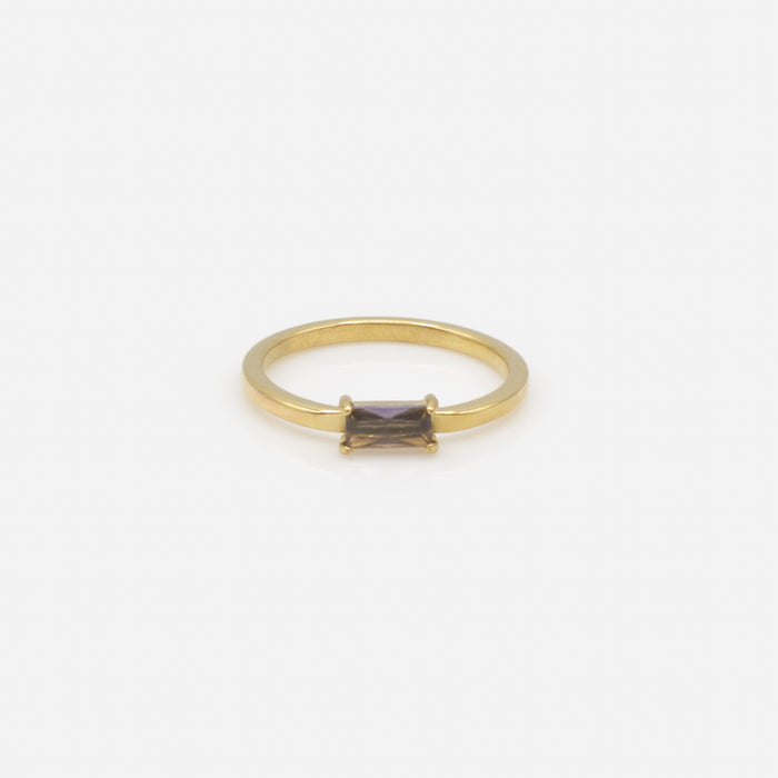 Gold ring with purple rectangular stone in stainless steel