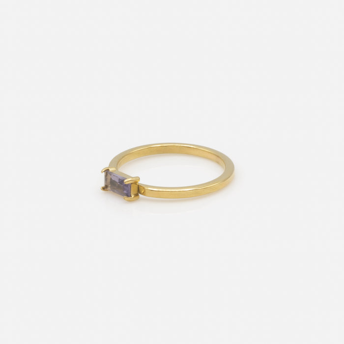 Gold ring with purple rectangular stone in stainless steel