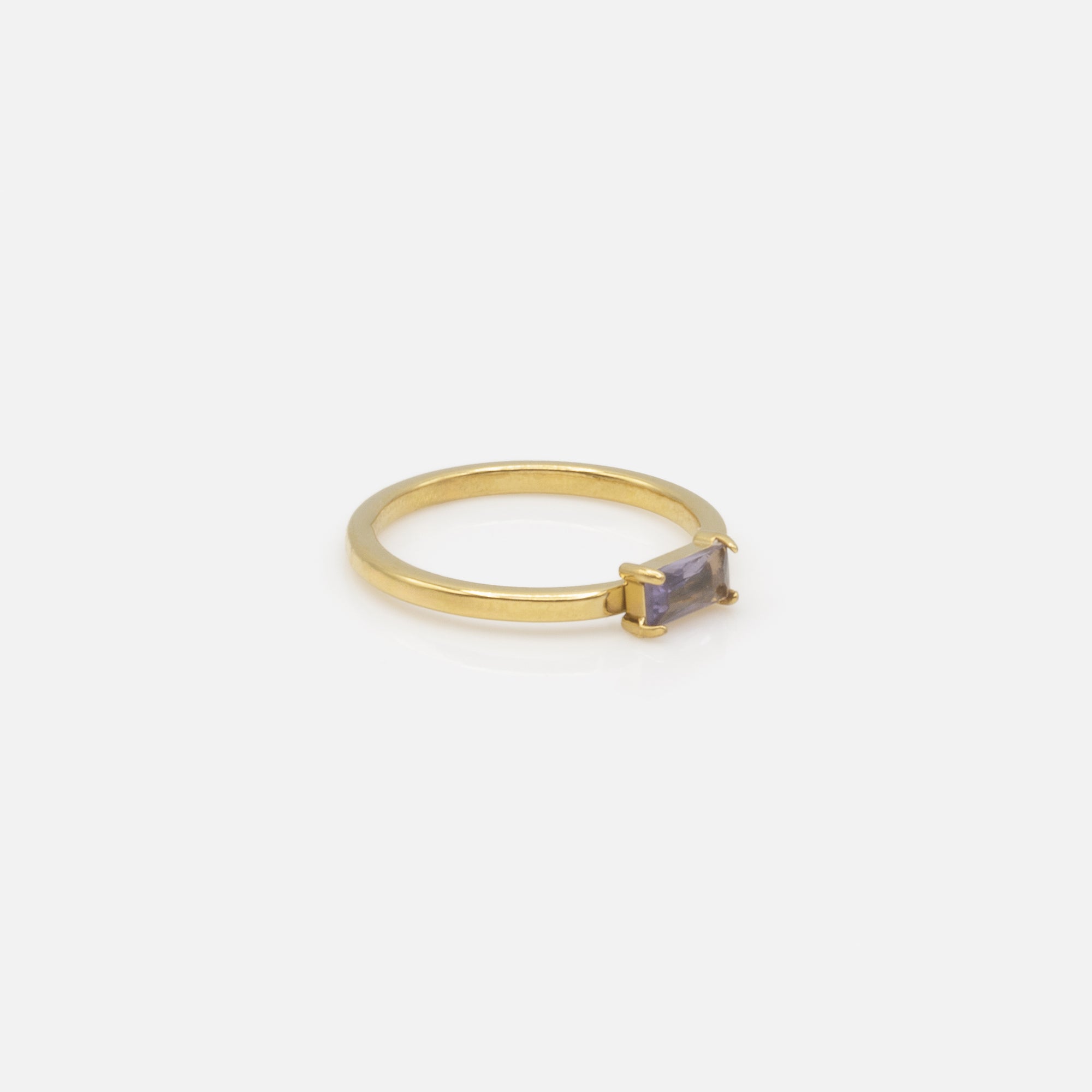 Gold ring with purple rectangular stone in stainless steel