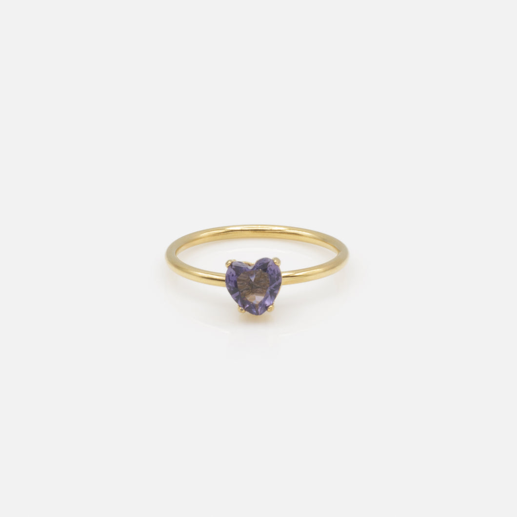 Gold ring with purple heart cubic zirconia in stainless steel