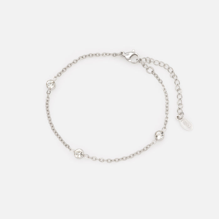 Silver bracelet with trio of cubic zirconia in stainless steel