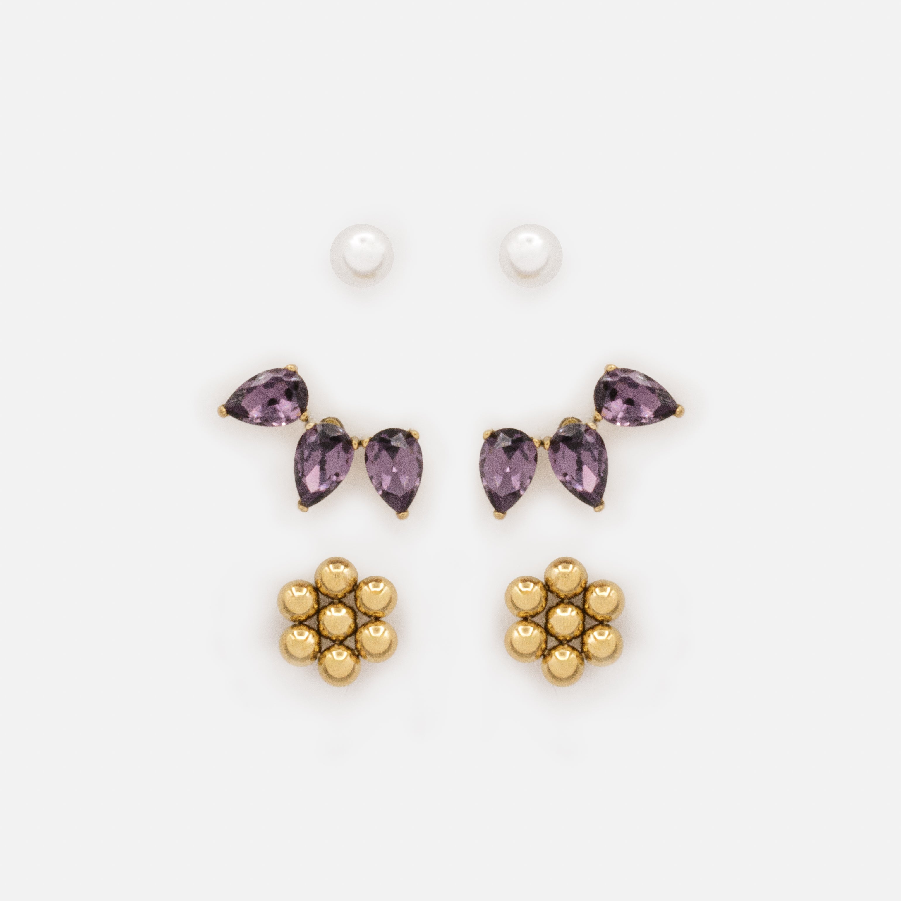 Trio de boucles d'oreilles dorées pierres mauves et perles en acier inoxydable