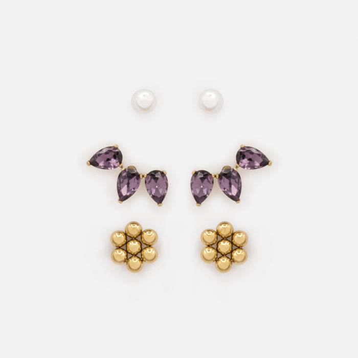 Trio de boucles d'oreilles dorées pierres mauves et perles en acier inoxydable