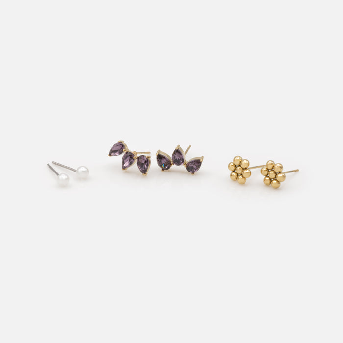 Trio de boucles d'oreilles dorées pierres mauves et perles en acier inoxydable