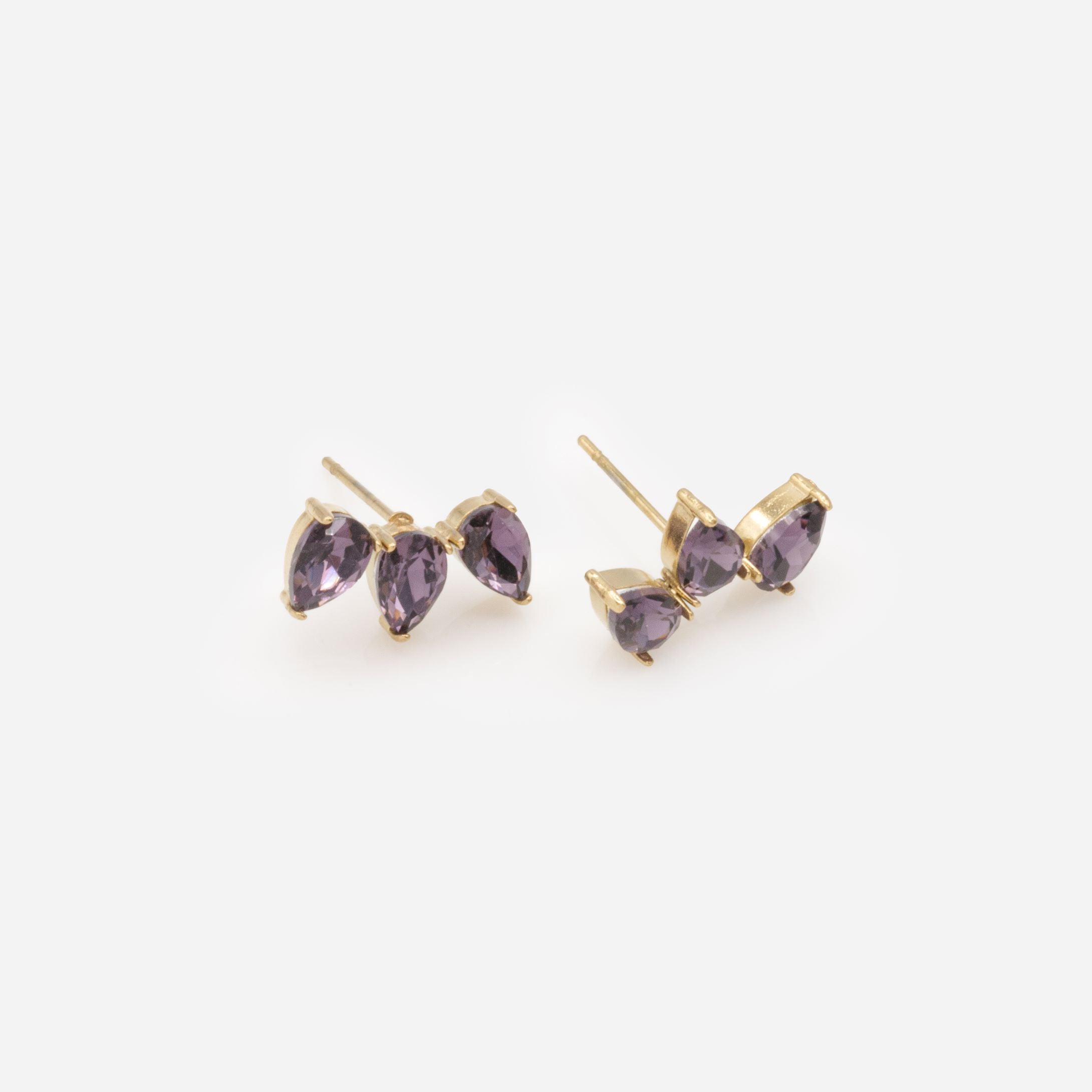 Trio de boucles d'oreilles dorées pierres mauves et perles en acier inoxydable