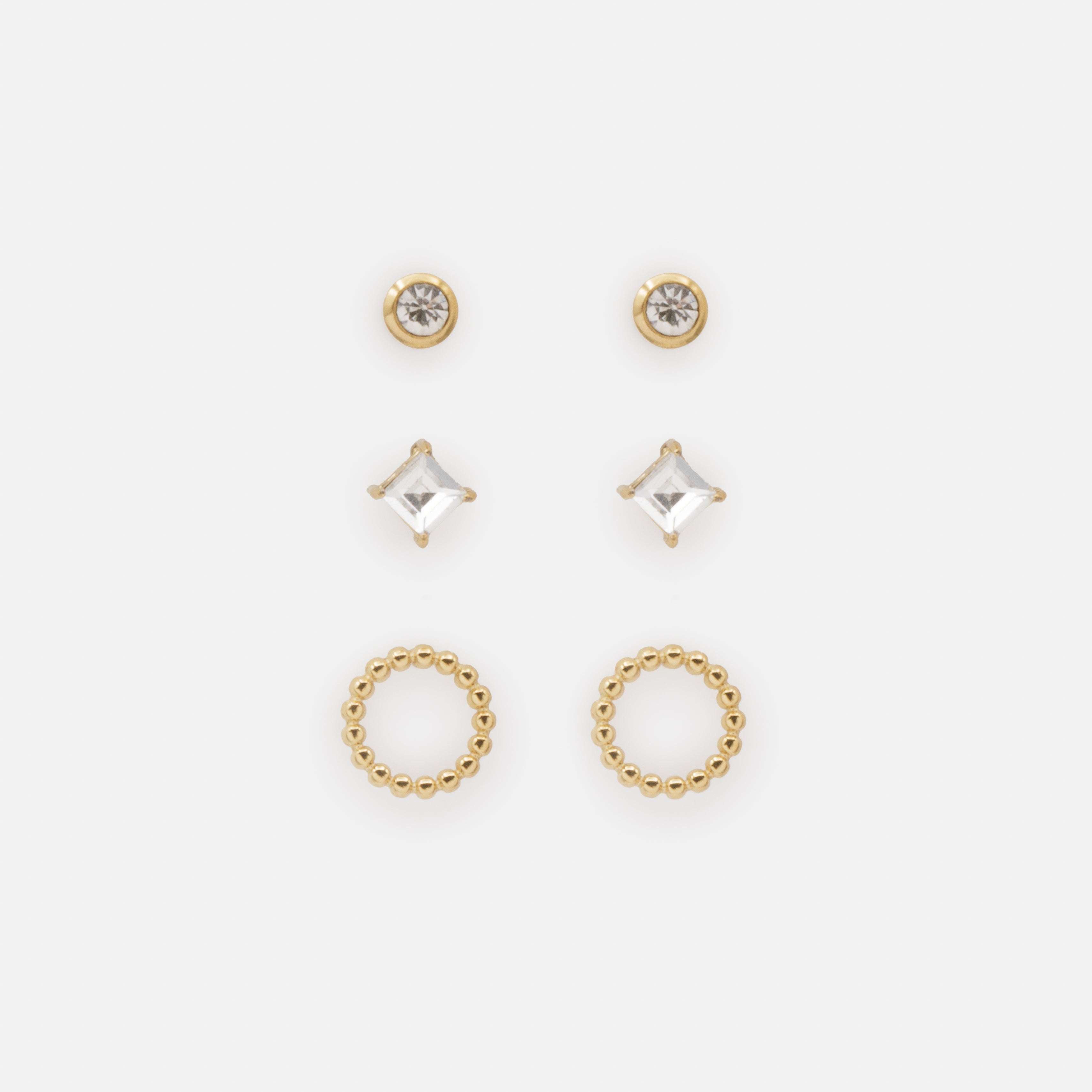 Trio de boucles d'oreilles dorées avec zircons cubiques en acier inoxydable