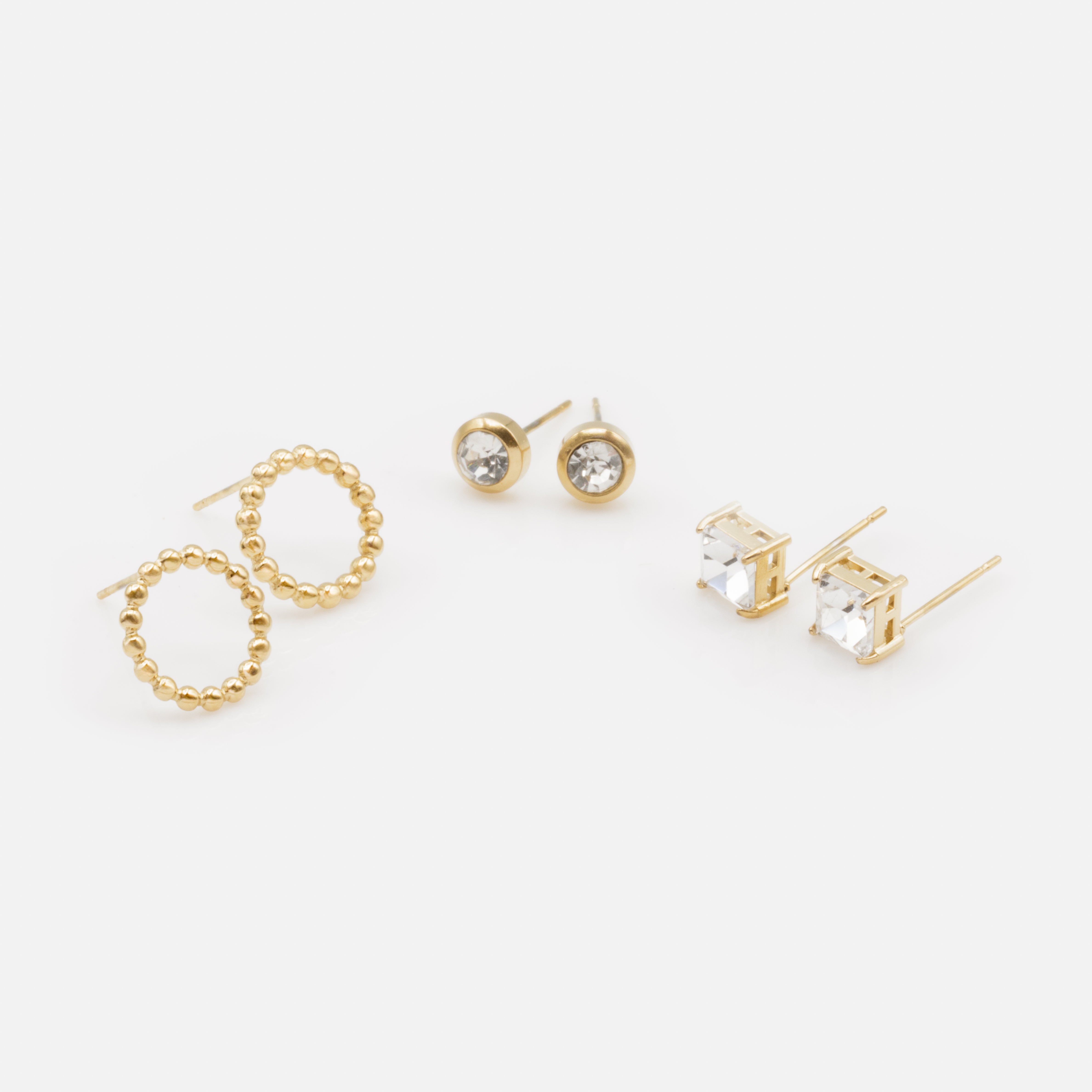 Trio de boucles d'oreilles dorées avec zircons cubiques en acier inoxydable