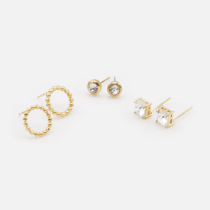 Trio de boucles d'oreilles dorées avec zircons cubiques en acier inoxydable
