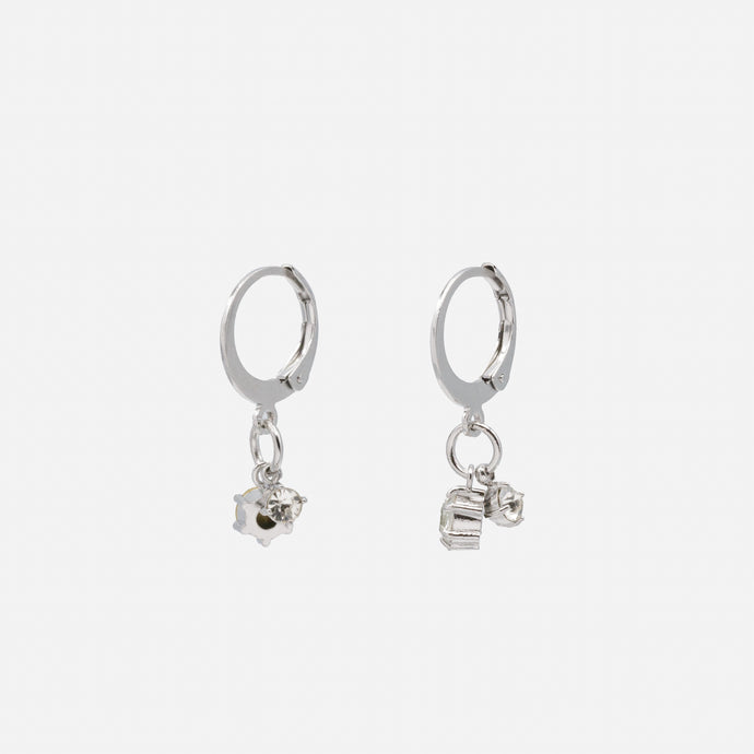 Silver huggies earrings with cubic zirconia charms in stainless steel