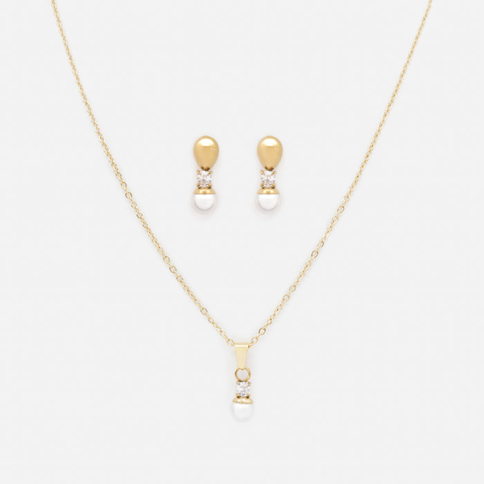 Ensemble collier et boucles d'oreilles dorés perles et zircons cubiques en acier inoxydable
