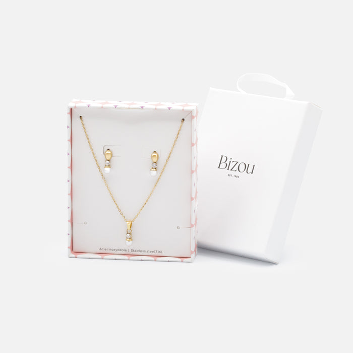 Ensemble collier et boucles d'oreilles dorés perles et zircons cubiques en acier inoxydable