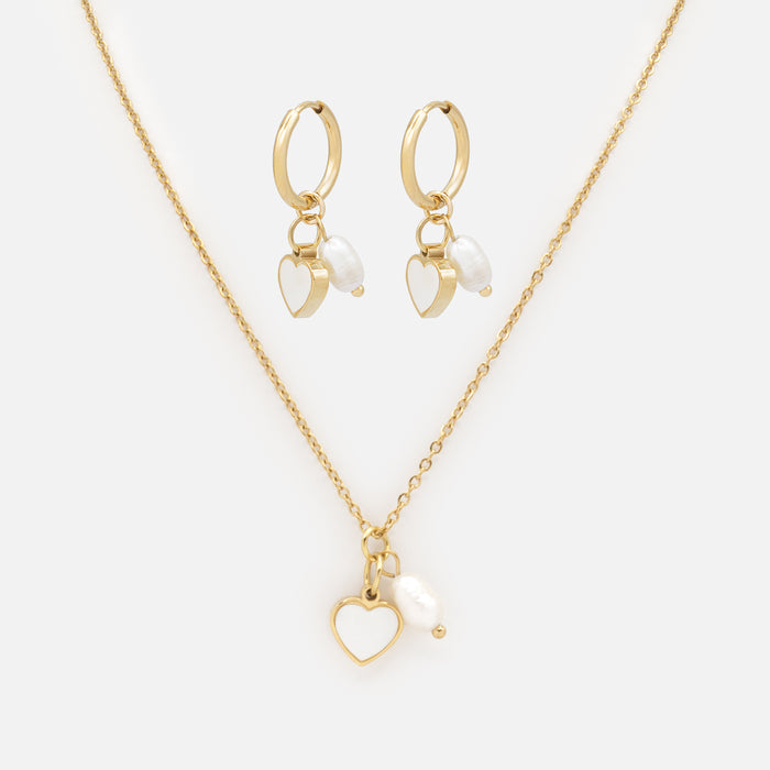 Gold Necklace and Earrings Set with Pearl and Mother-of-Pearl Heart Charms in Stainless Steel