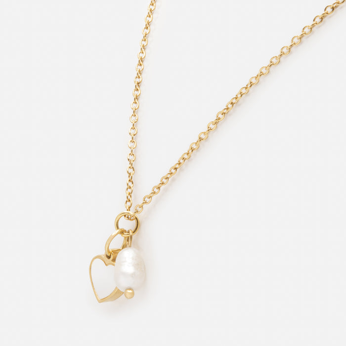 Gold Necklace and Earrings Set with Pearl and Mother-of-Pearl Heart Charms in Stainless Steel