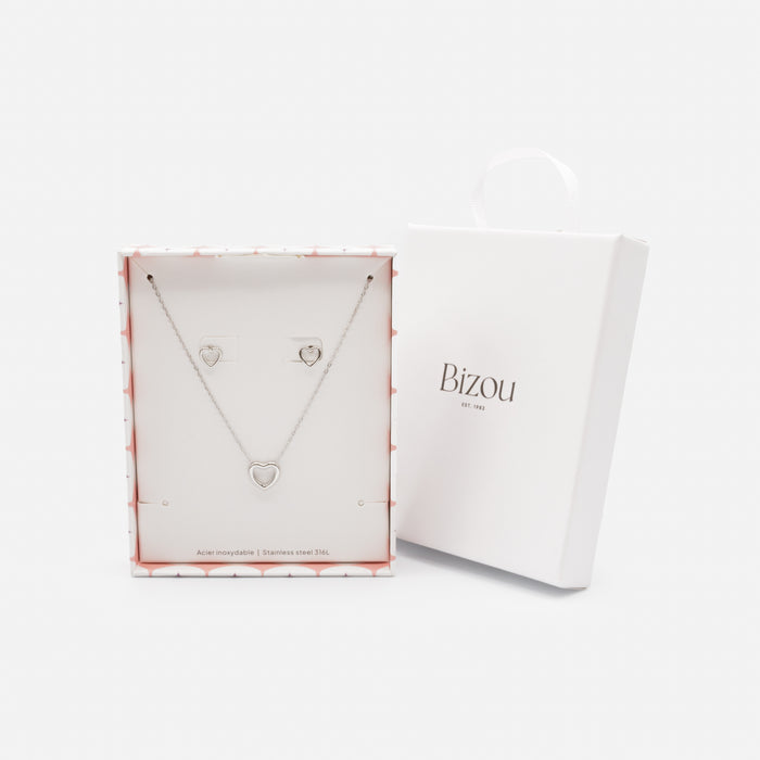 Silver Delicate Hearts Stainless Steel Necklace and Earrings Set