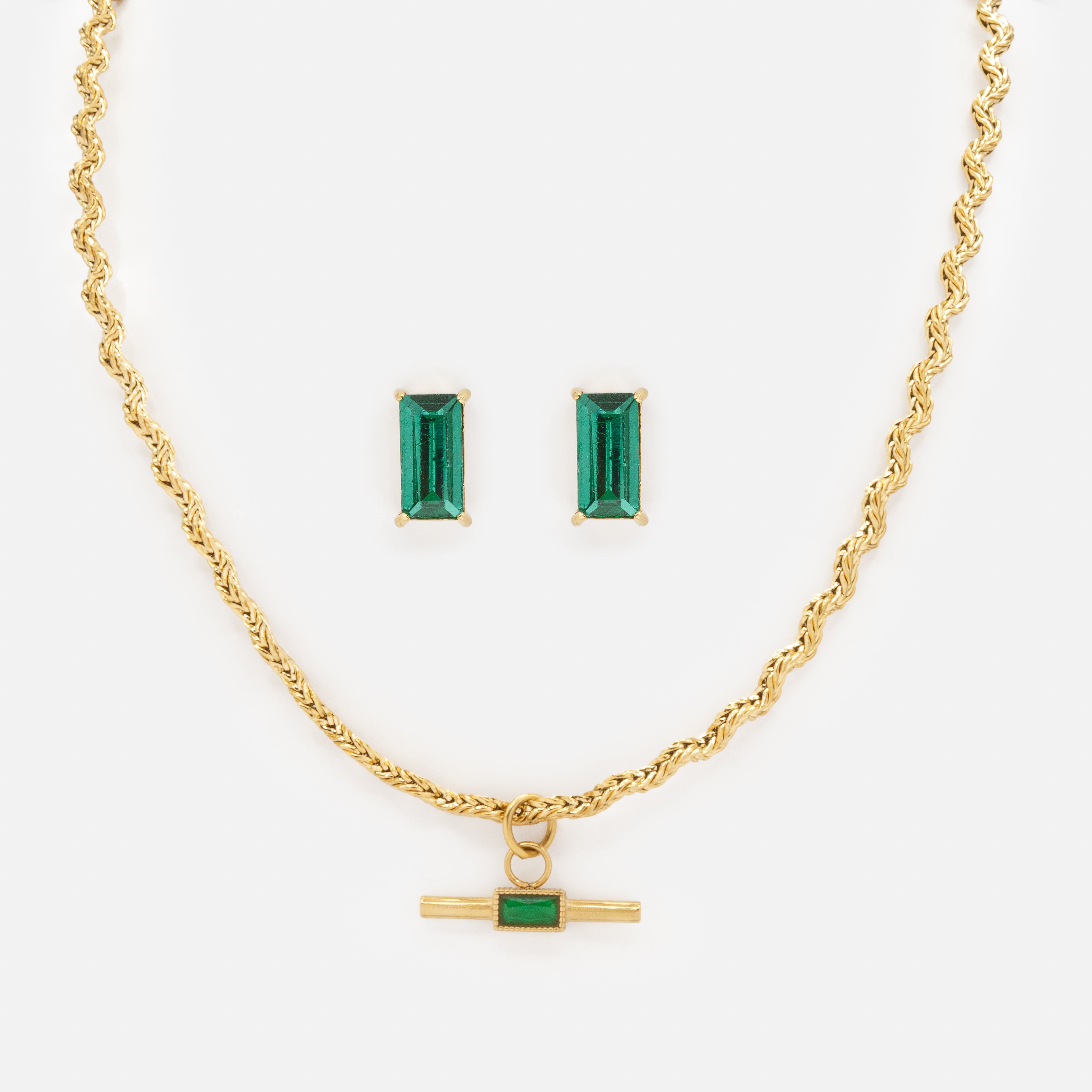 Ensemble collier et boucles d'oreilles dorés avec pierres émeraude en acier inoxydable
