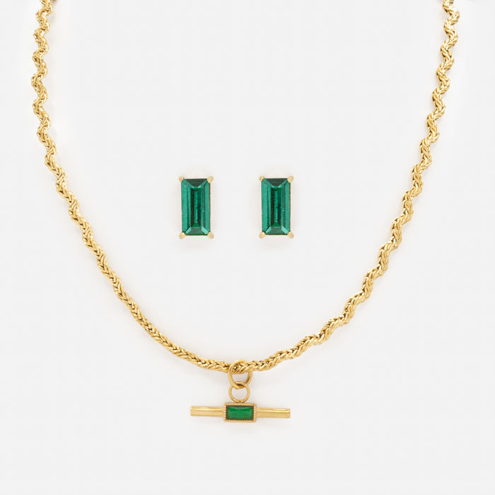 Ensemble collier et boucles d'oreilles dorés avec pierres émeraude en acier inoxydable