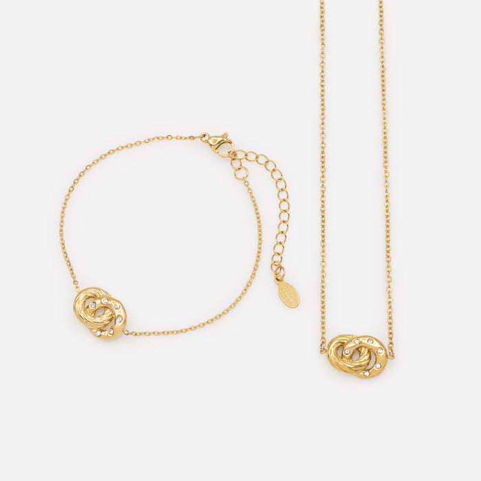 Gold Stainless Steel Interlocking Rings Necklace and Bracelet Set