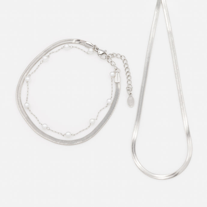 Silver Set Flat Serpentine Chain Necklace and Stainless Steel Double Chain Bracelet