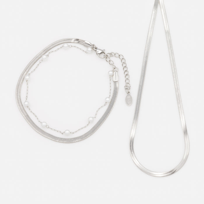 Silver Set Flat Serpentine Chain Necklace and Stainless Steel Double Chain Bracelet