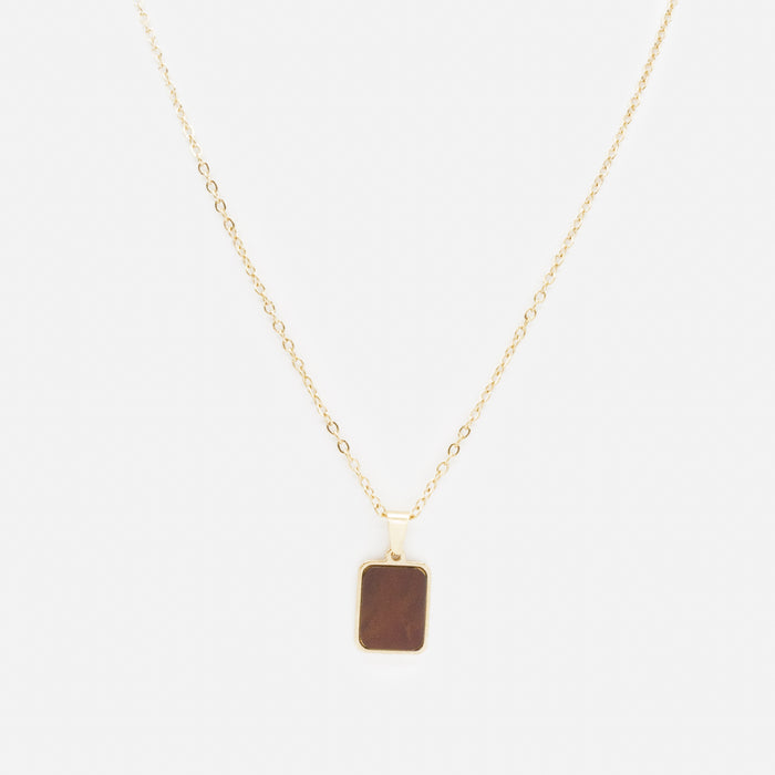 Collier doré avec breloque rectangulaire brun nacré en acier inoxydable