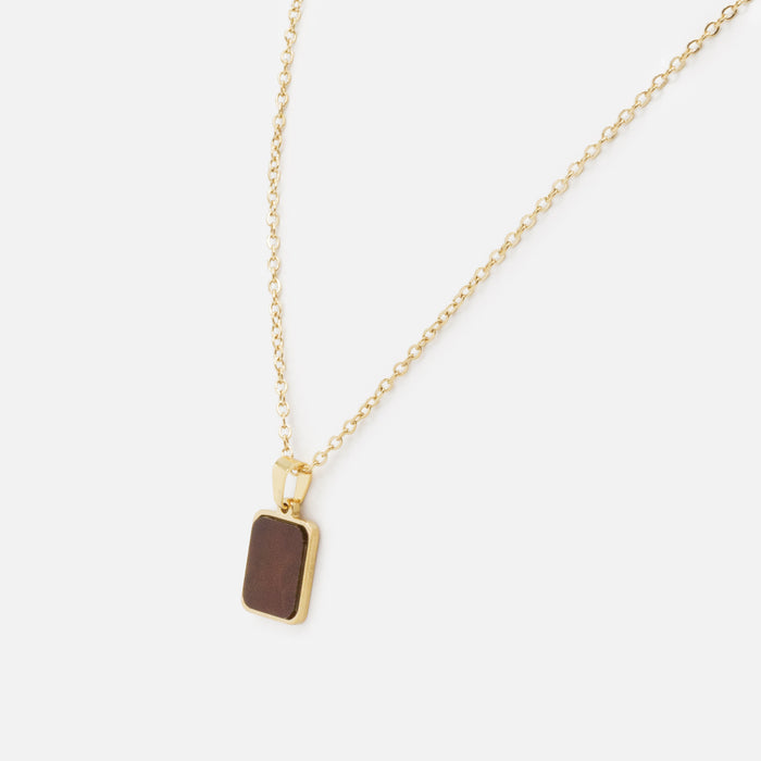 Collier doré avec breloque rectangulaire brun nacré en acier inoxydable
