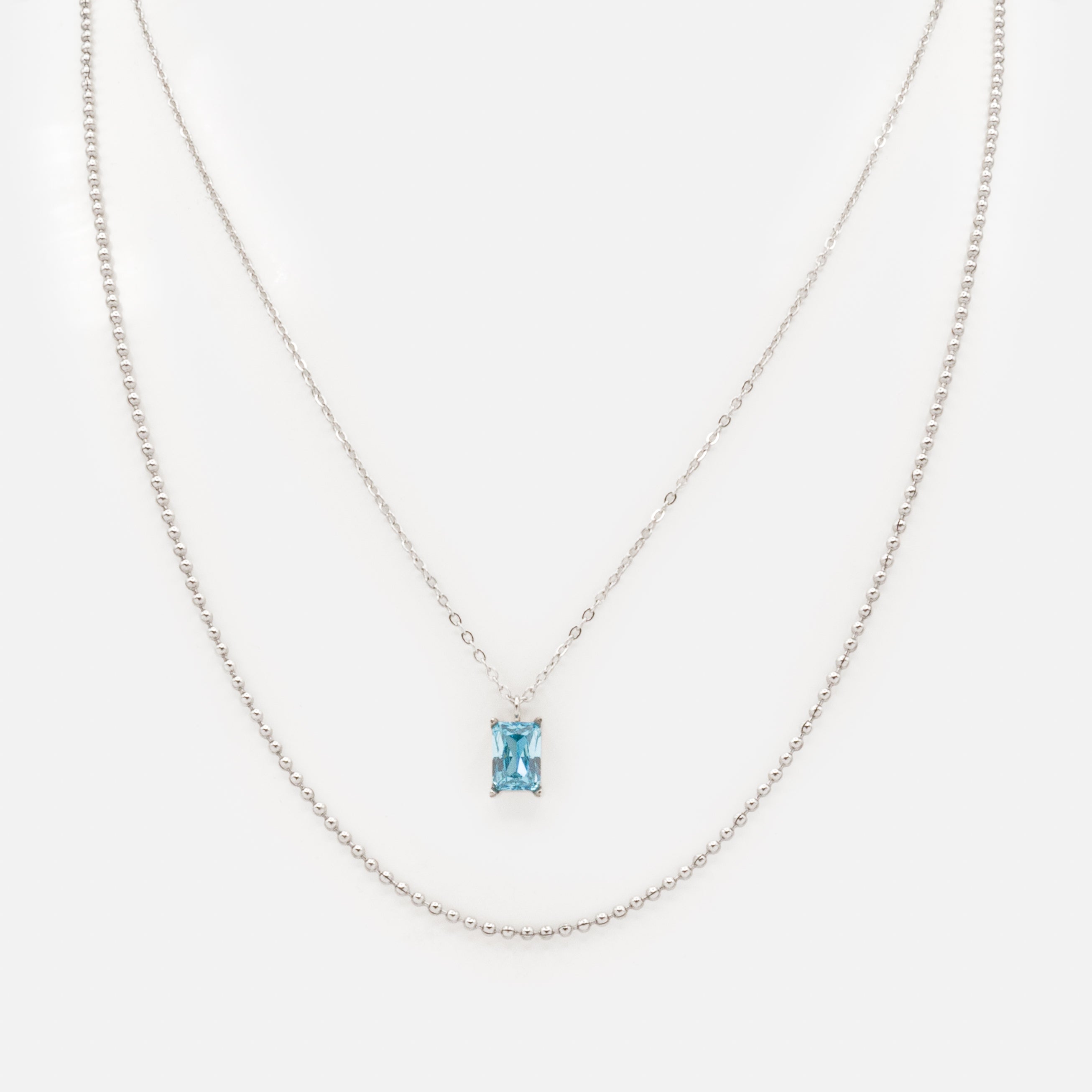 Collier argenté double chaîne avec pierre bleue en acier inoxydable