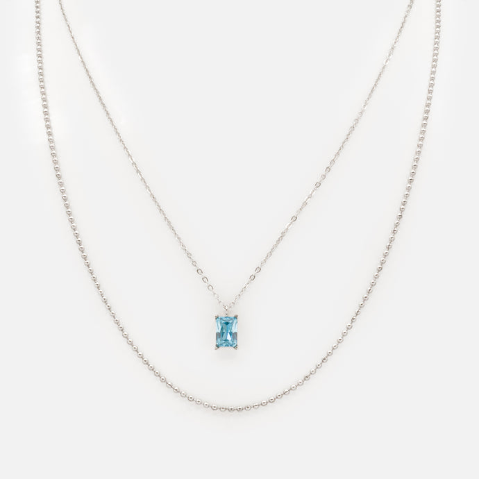 Collier argenté double chaîne avec pierre bleue en acier inoxydable
