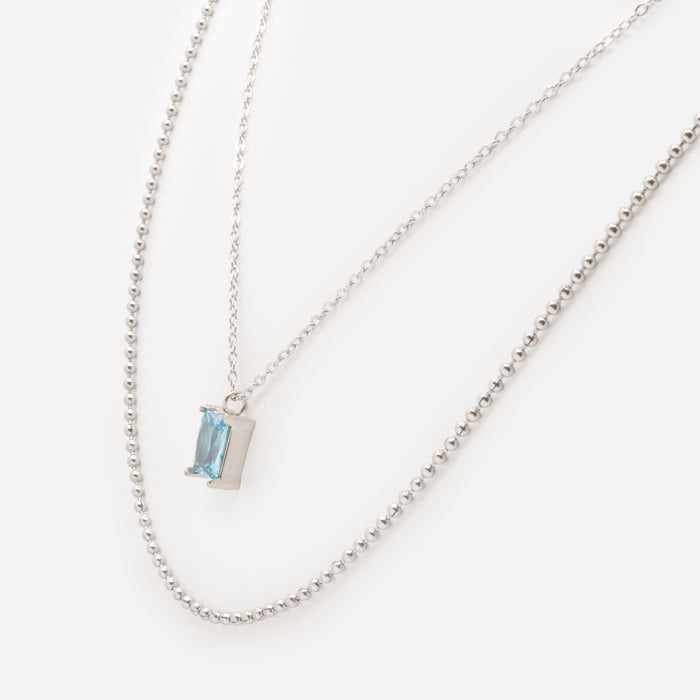 Collier argenté double chaîne avec pierre bleue en acier inoxydable
