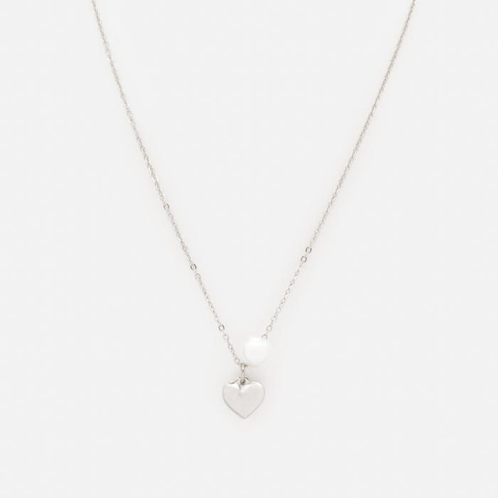 Collier argenté avec coeur et perle en acier inoxydable