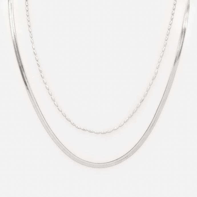 Silver double chain necklace with flat links and elongated stainless steel beads