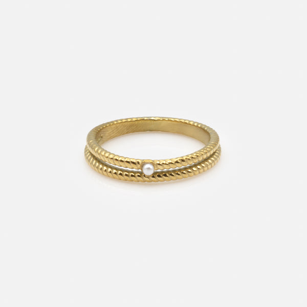 Load image into Gallery viewer, Double gold ring with small stainless steel pearl
