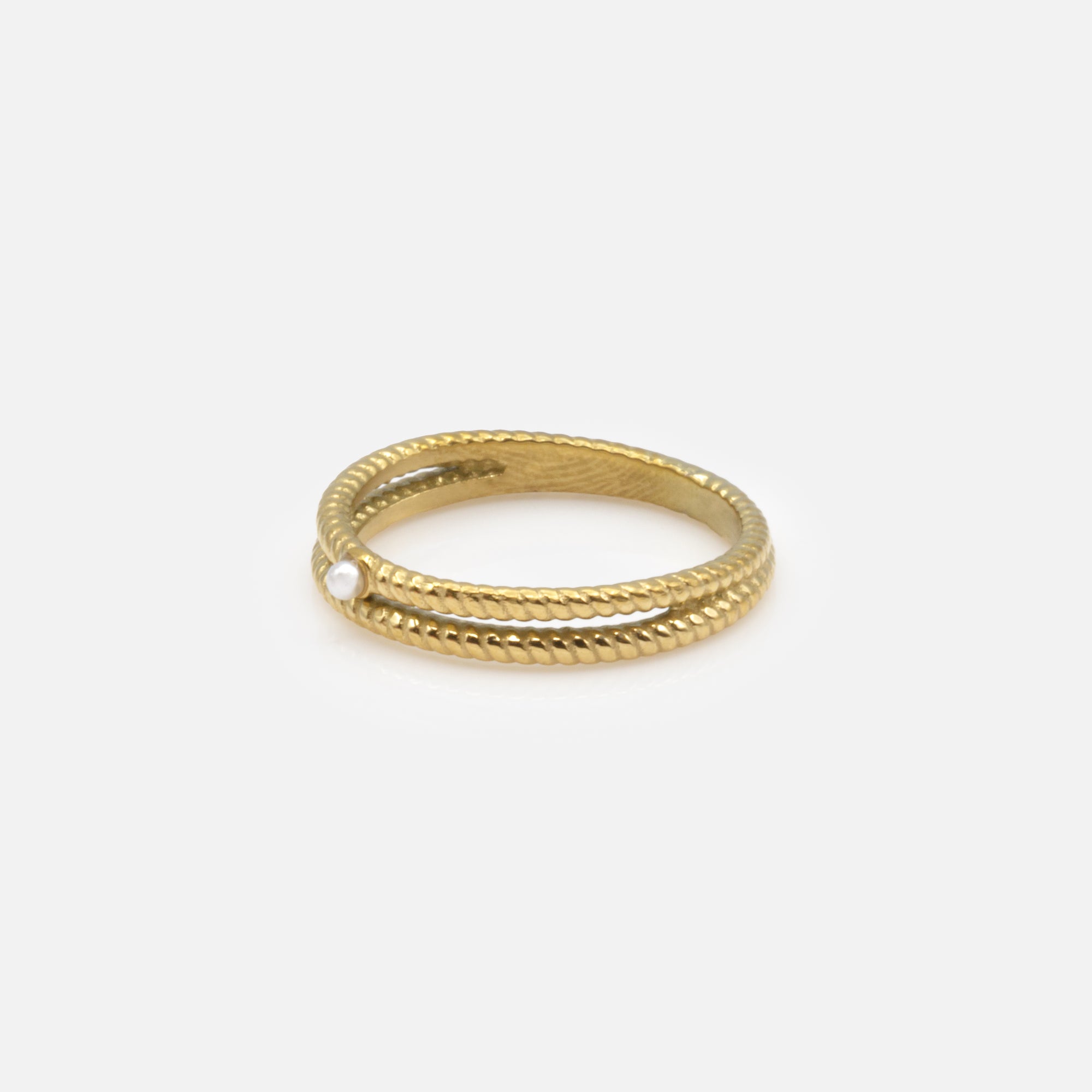 Double gold ring with small stainless steel pearl