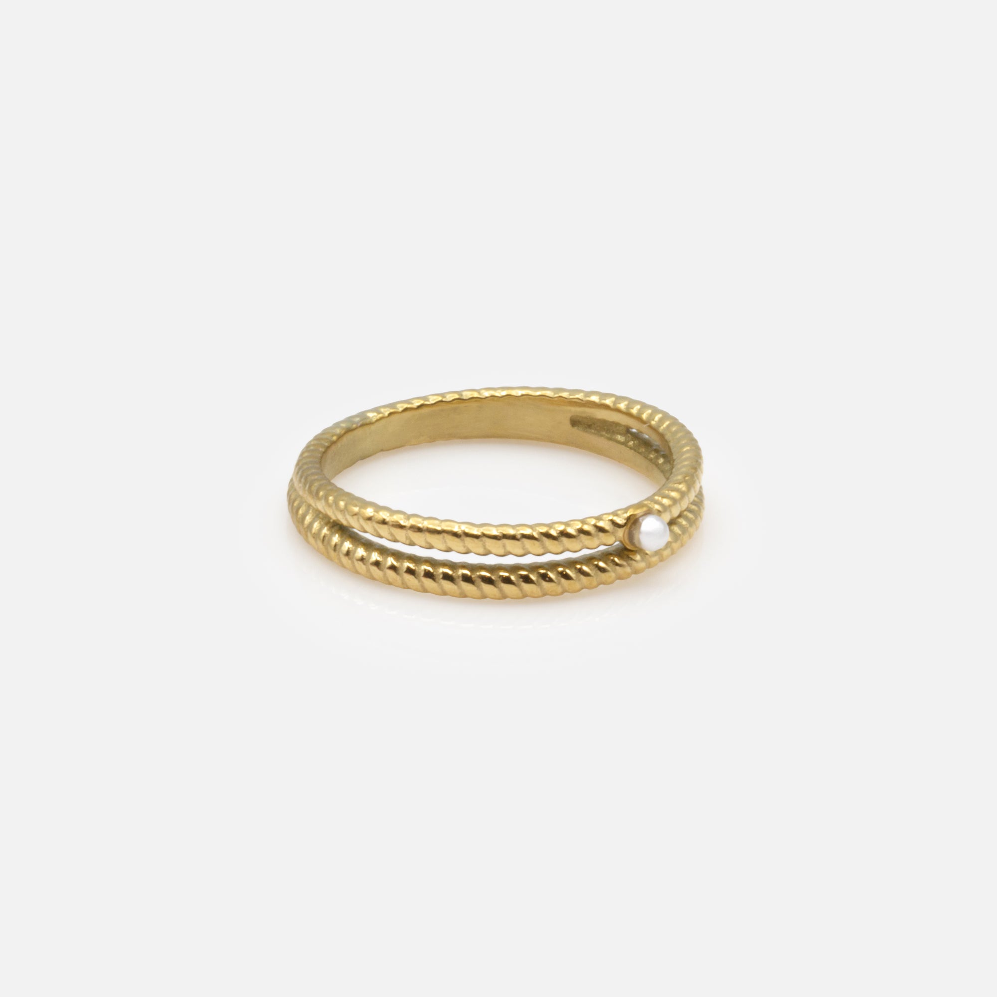 Double gold ring with small stainless steel pearl