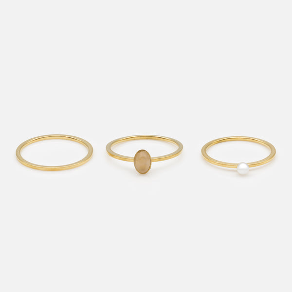 Load image into Gallery viewer, Trio of gold rings with translucent stone and stainless steel pearl
