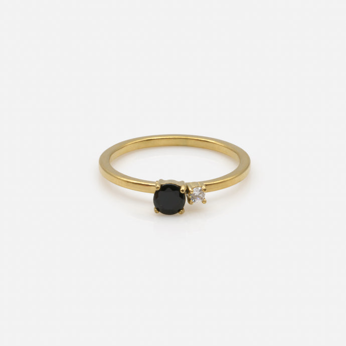 Gold ring with black and translucent zircons in stainless steel