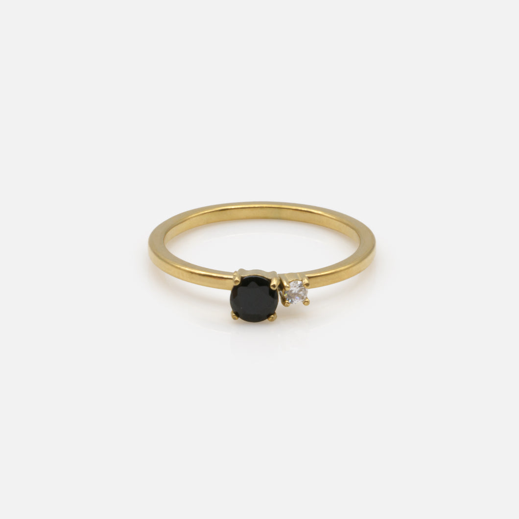 Gold ring with black and translucent zircons in stainless steel