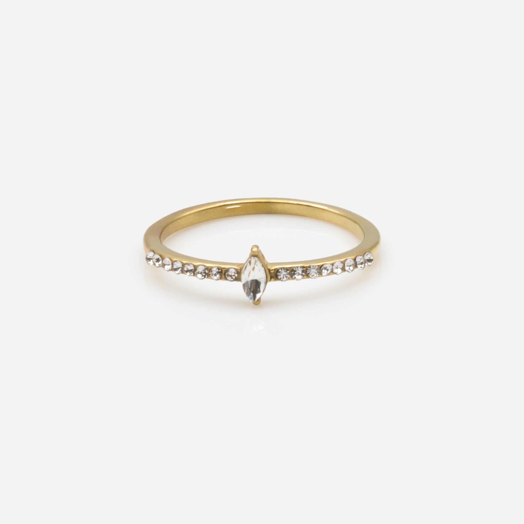 Gold ring with diamond stone and multiple cubic zirconia in stainless steel