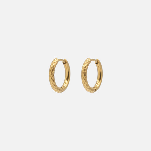Load image into Gallery viewer, Gold-tone, half-textured stainless steel huggie earrings
