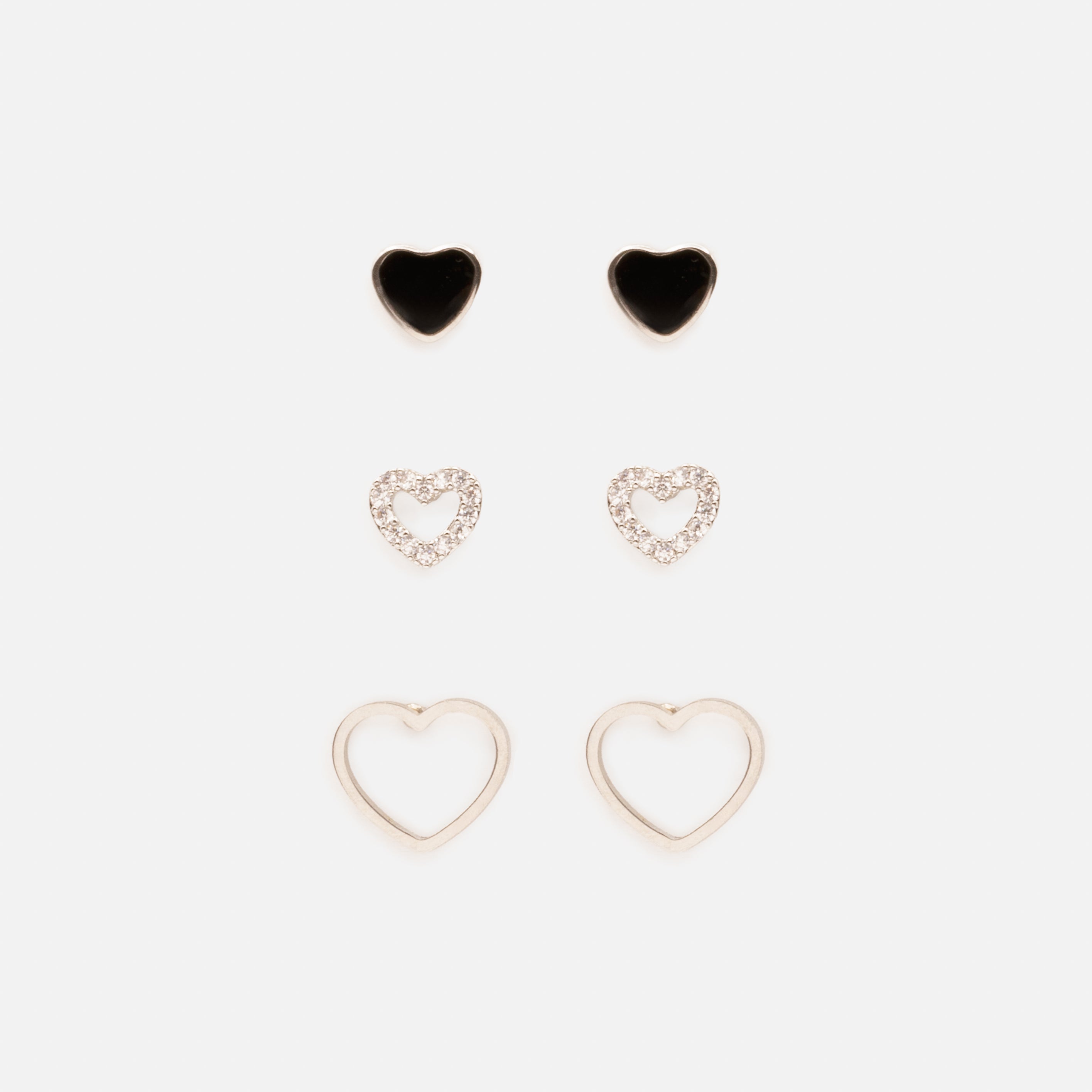 Trio de boucles d'oreilles cœurs noirs et argentés en acier inoxydable