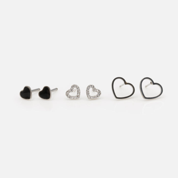 Trio de boucles d'oreilles cœurs noirs et argentés en acier inoxydable