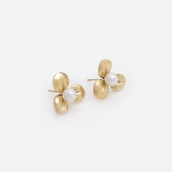 Charger l&#39;image dans la galerie, Boucles d&#39;oreilles fleur dorée en acier inoxydable &amp; perle
