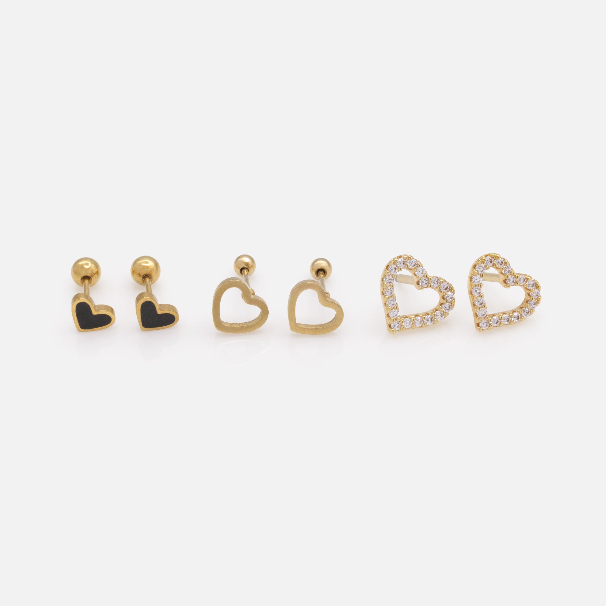 Trio de boucles d'oreilles cœurs noirs & dorés en acier inoxydable