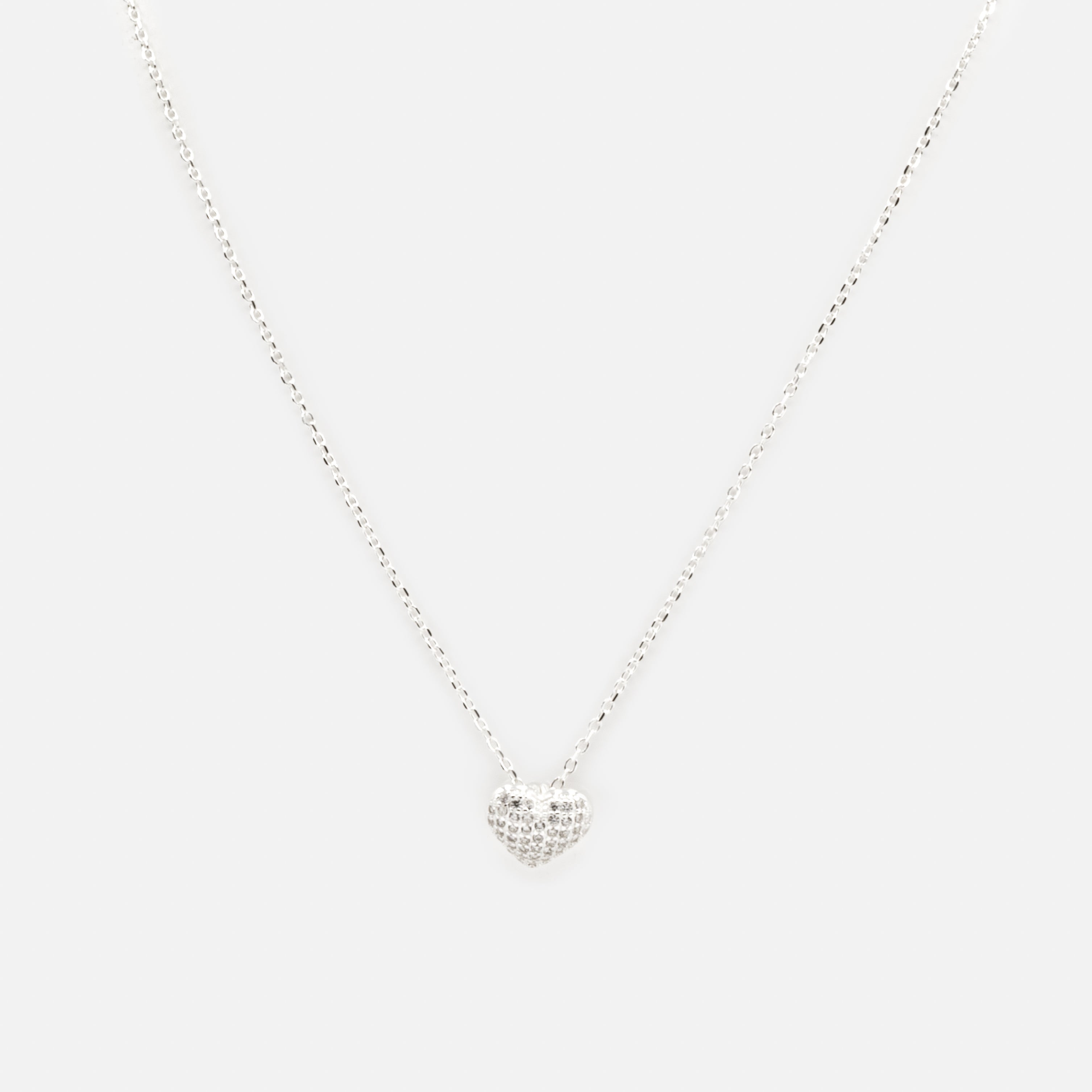 Sterling Silver Domed Heart Charm Necklace with Cubic Zirconia