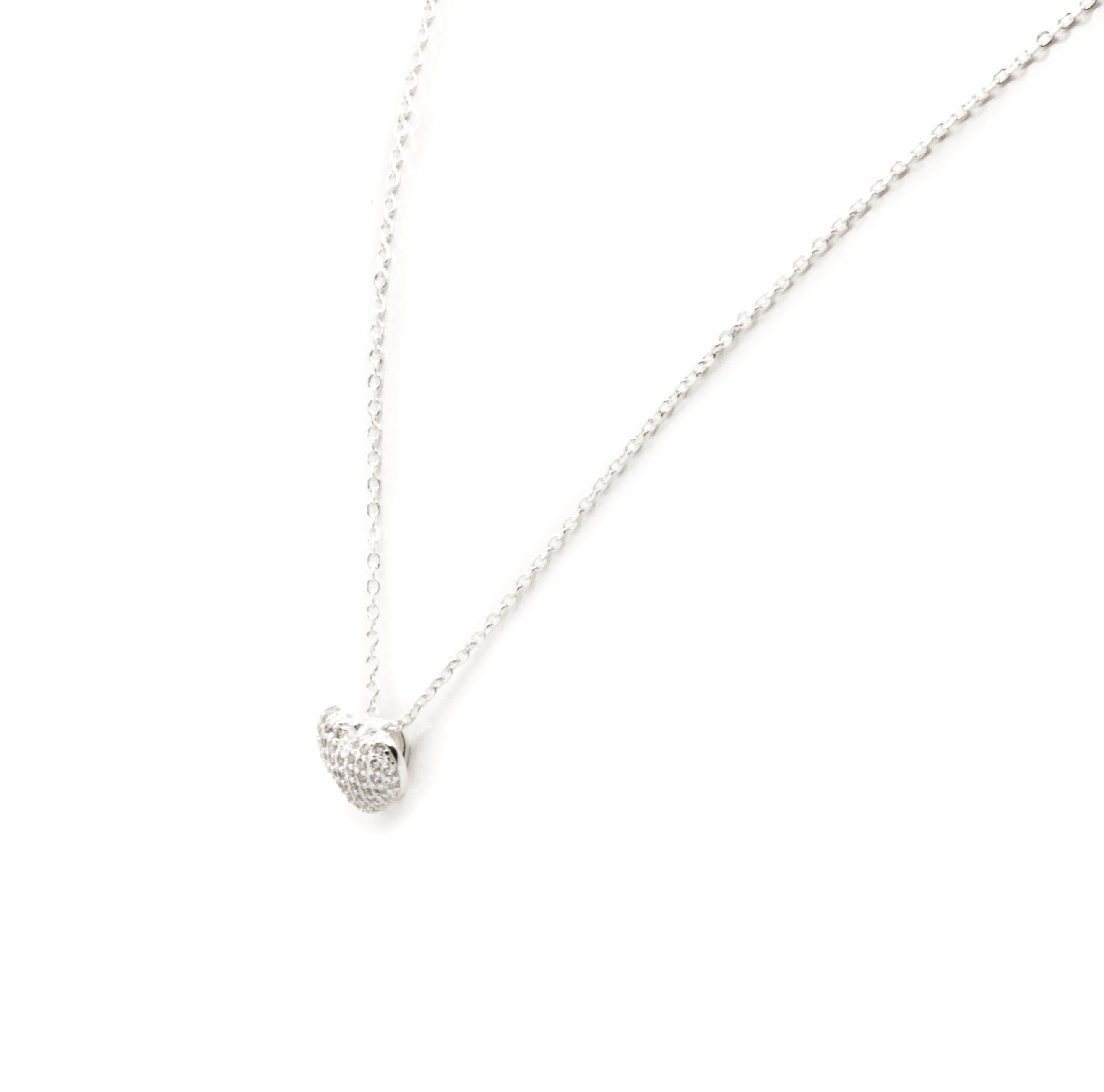 Sterling Silver Domed Heart Charm Necklace with Cubic Zirconia