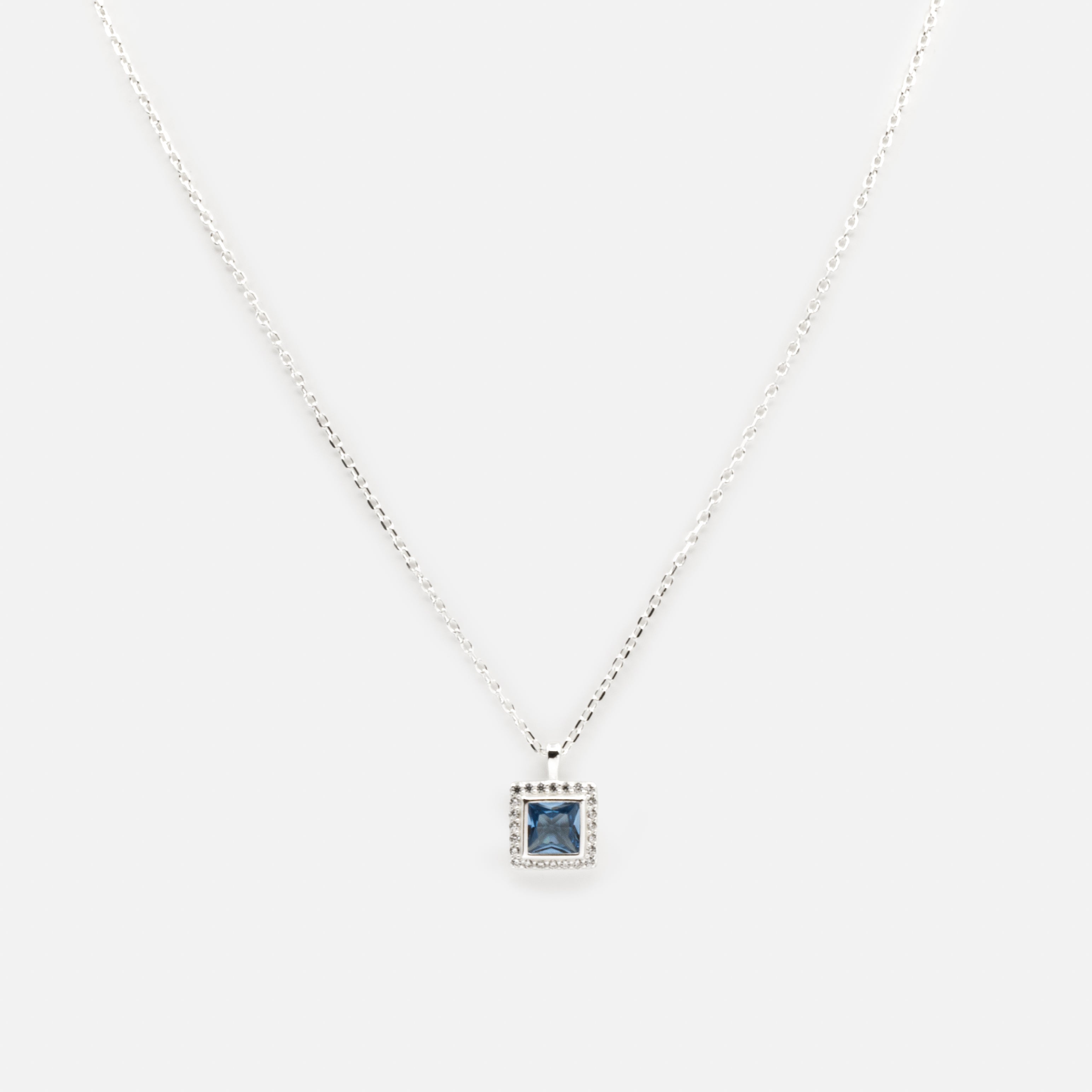 Necklace with square charm blue stone and cubic zirconia in sterling silver