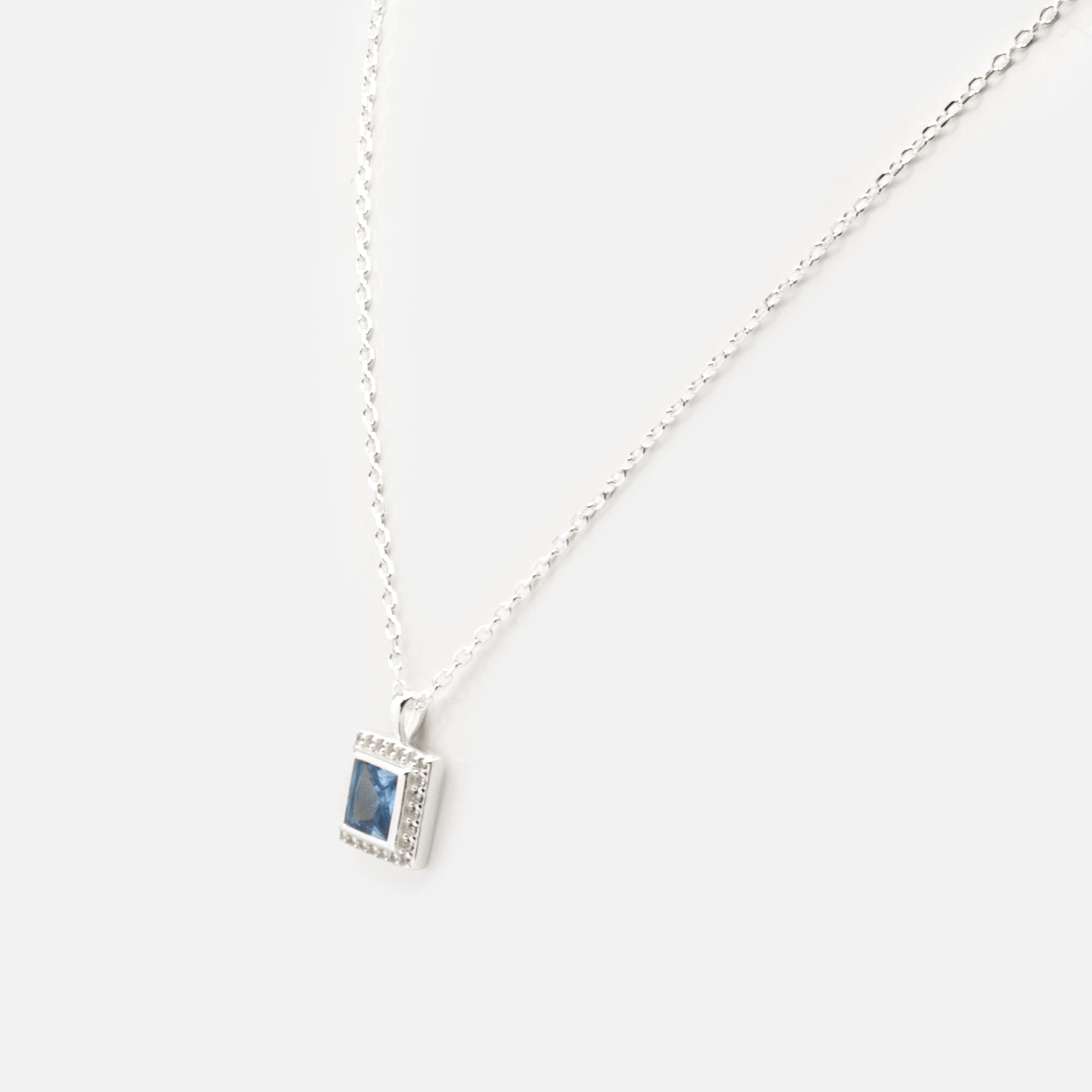 Necklace with square charm blue stone and cubic zirconia in sterling silver