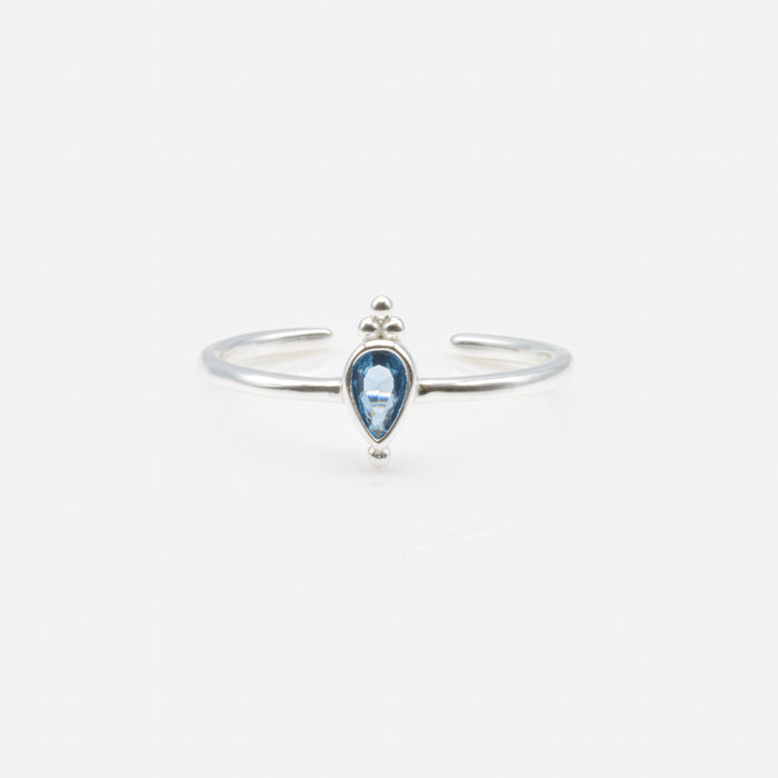 Bague ouverte pierre bleue en forme de goutte de pluie inversée en argent sterling
