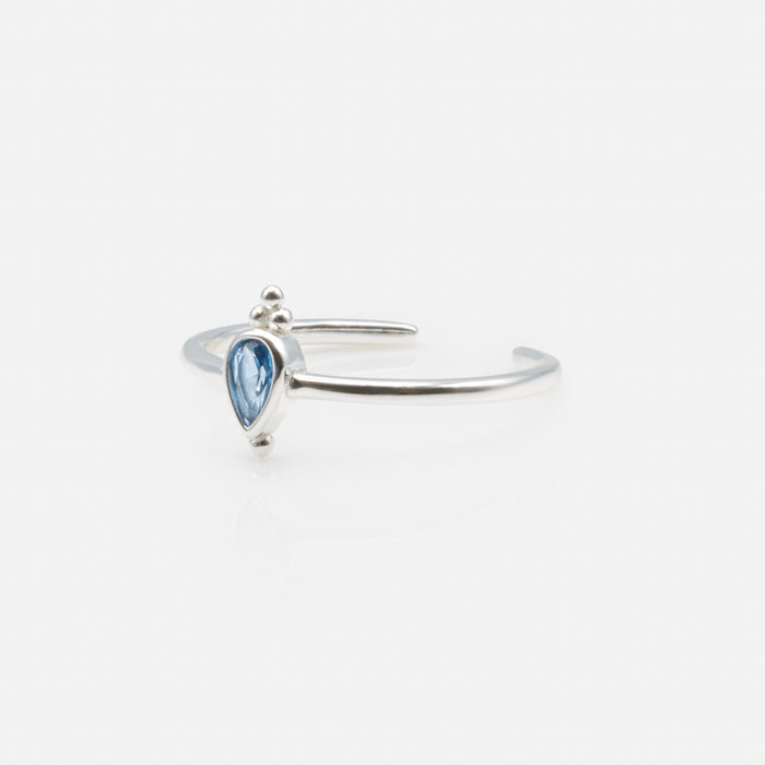 Bague ouverte pierre bleue en forme de goutte de pluie inversée en argent sterling