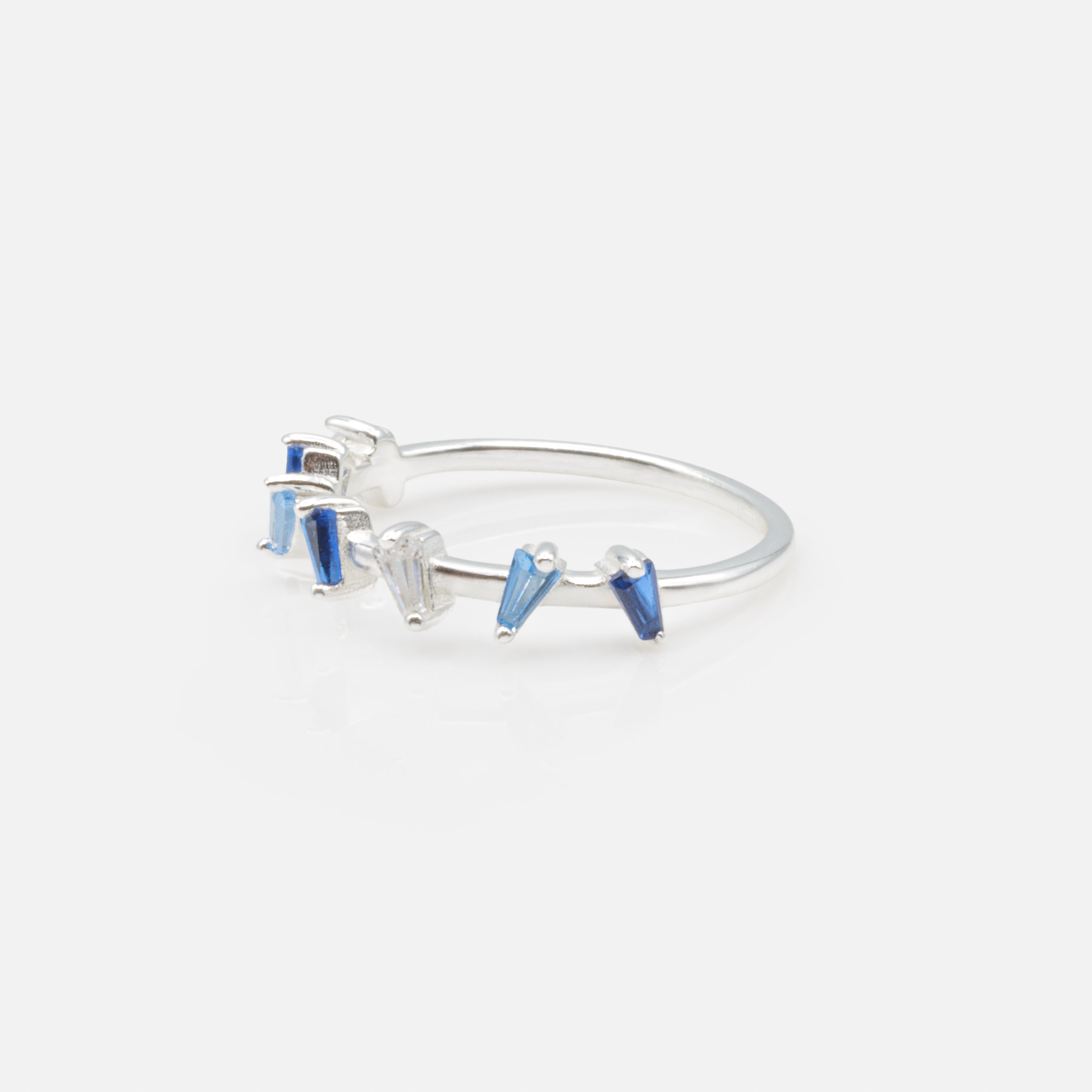Delicate blue toned triangular stone ring in sterling silver